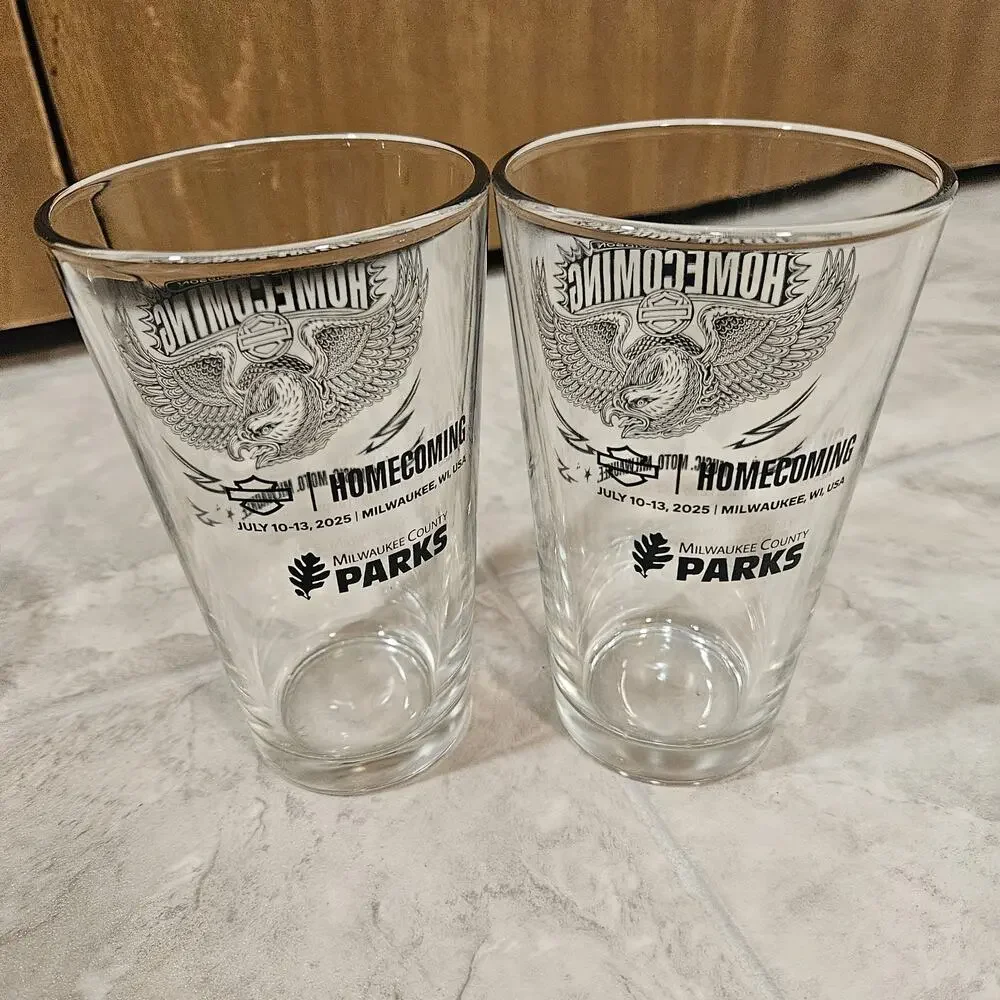 Harley-Davidson Homecoming Milwaukee County Parks Pint Glasses Set of 2 EUC